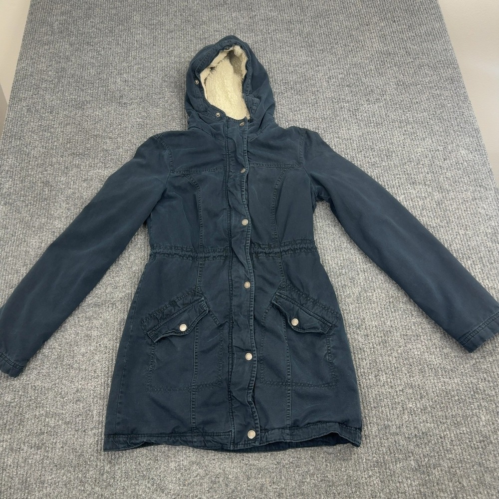 Hollister Parka Jacket Womens S Navy Blue Sherpa Lined Hooded Winter Coat Casual